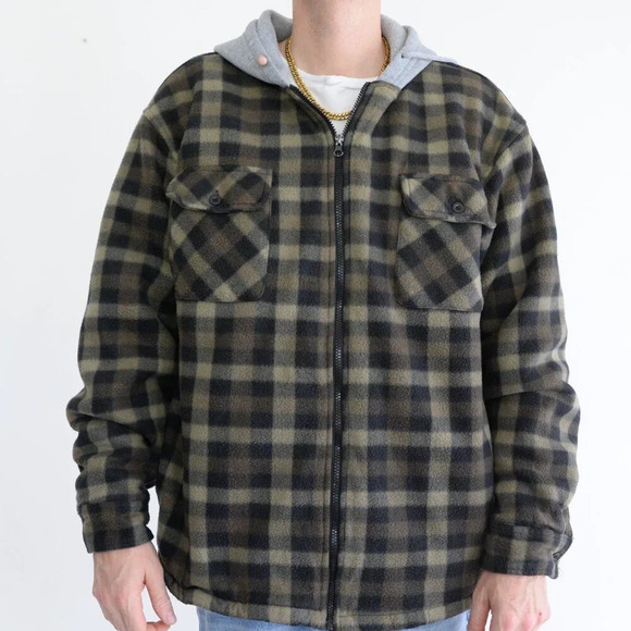 90S Canyon Creek Green And Black Checker Pattern Teddy Bear Lined Zip Up Shacket - Picture 1 of 13